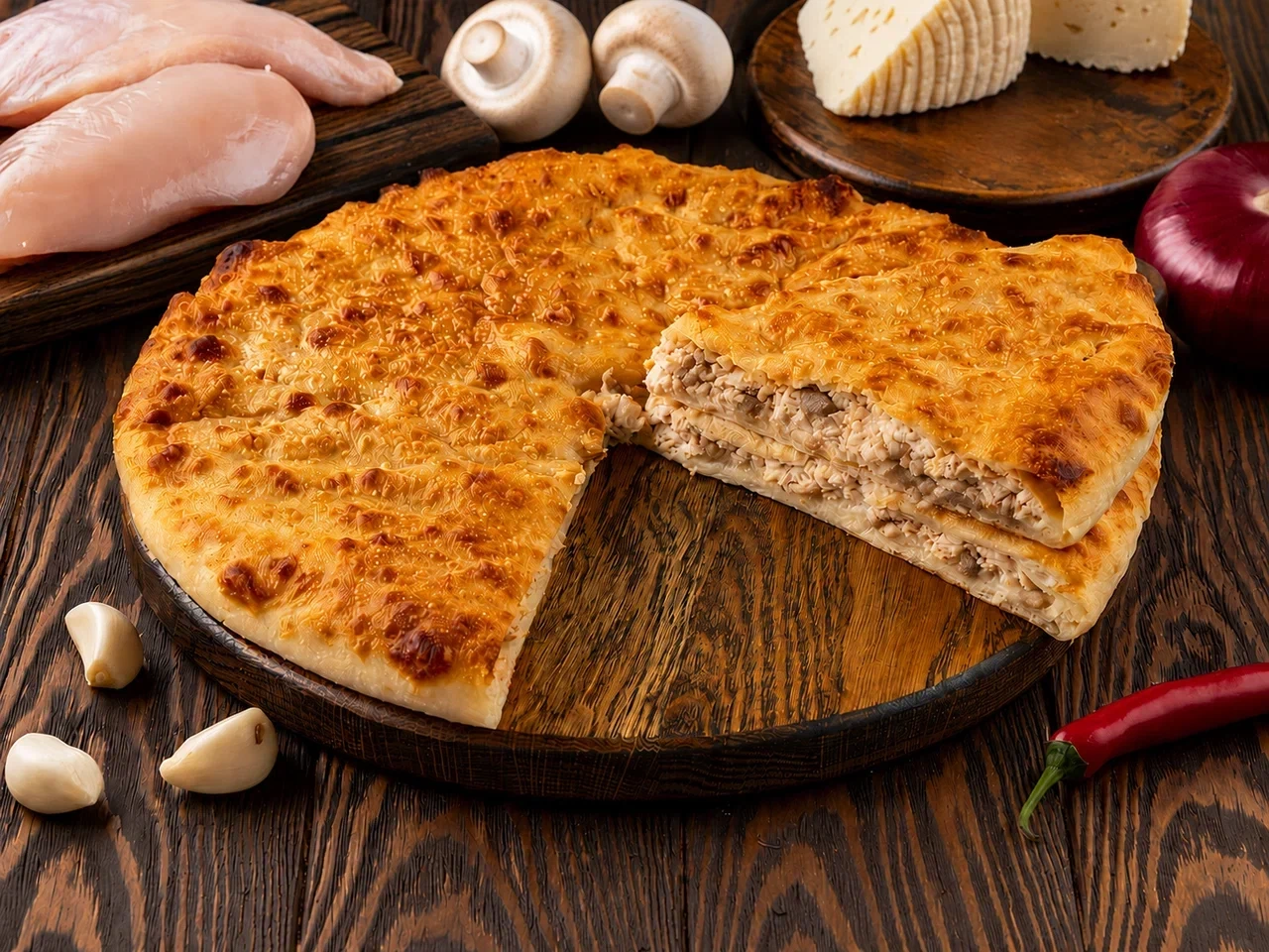 Осетинский пирог с курицей, грибами и сыром
