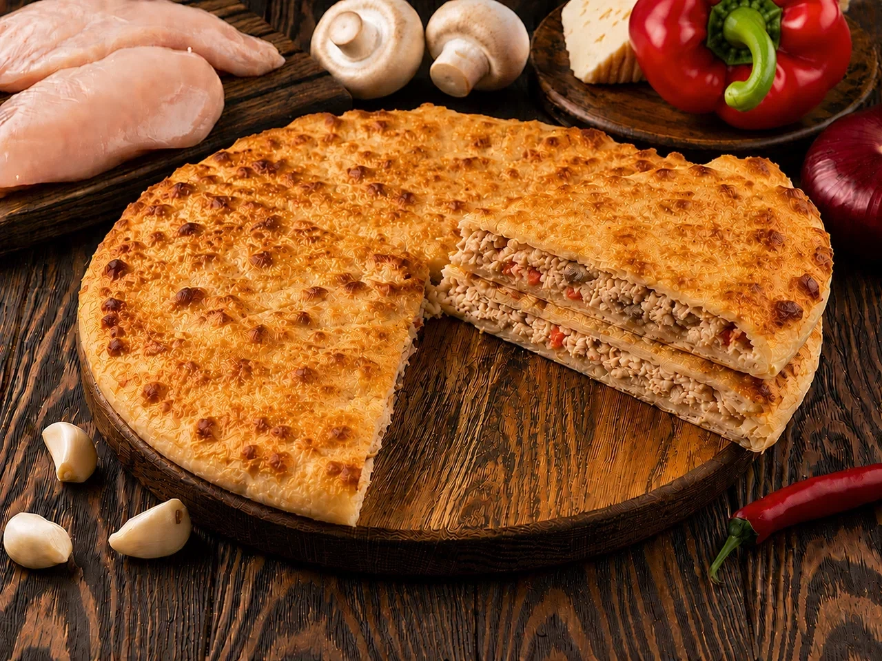 Осетинский пирог с курицей, грибами, сыром и болгарским перцем