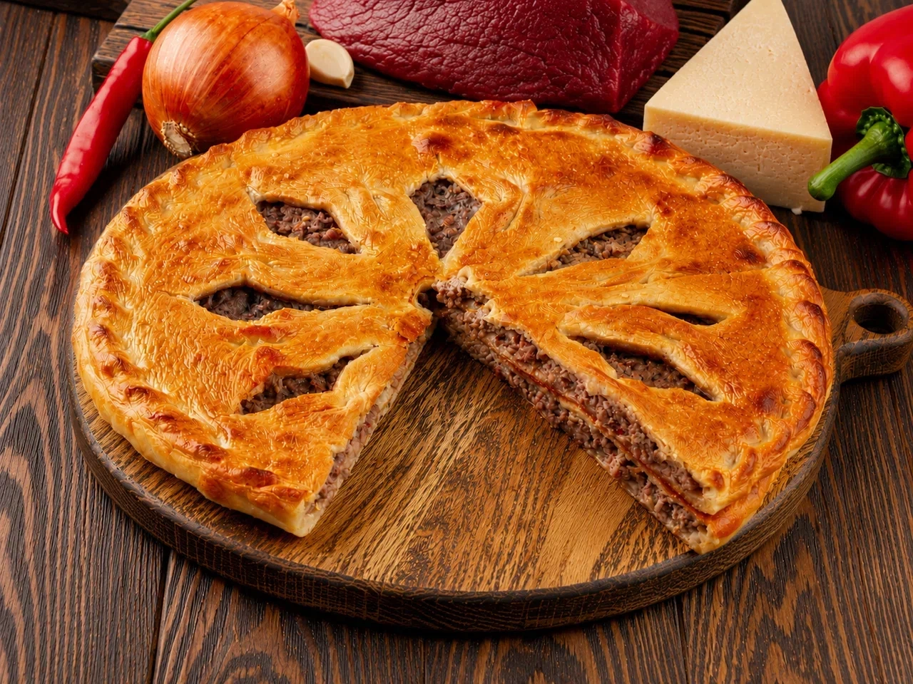 Осетинский пирог с мясом, сыром и болгарским перцем